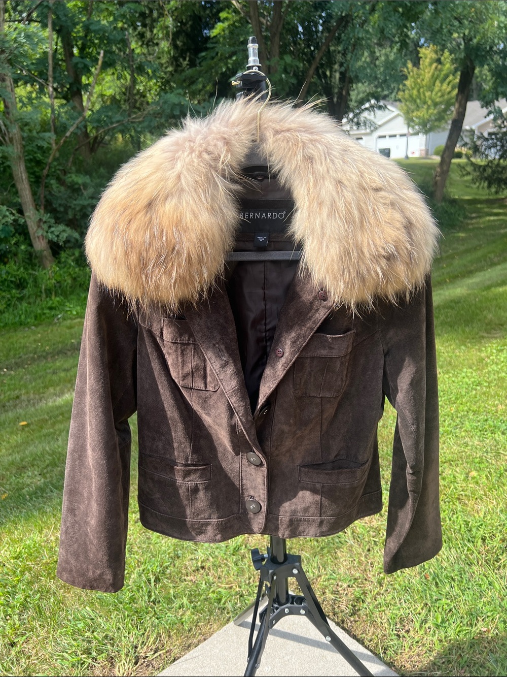 Vintage Bernardo Dark Brown Suede Jacket Removable Finn Raccoon Fur Collar